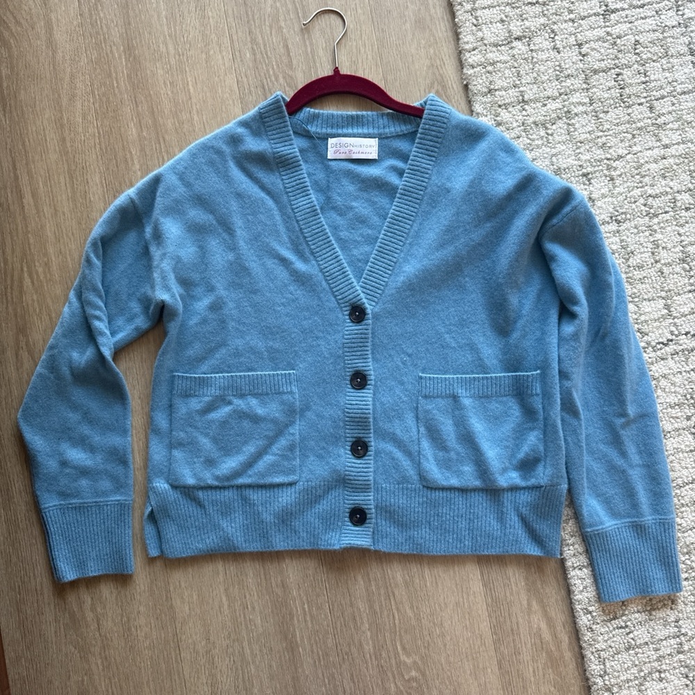 Design History Blue Cashmere Cardigan Sweater with Pockets
